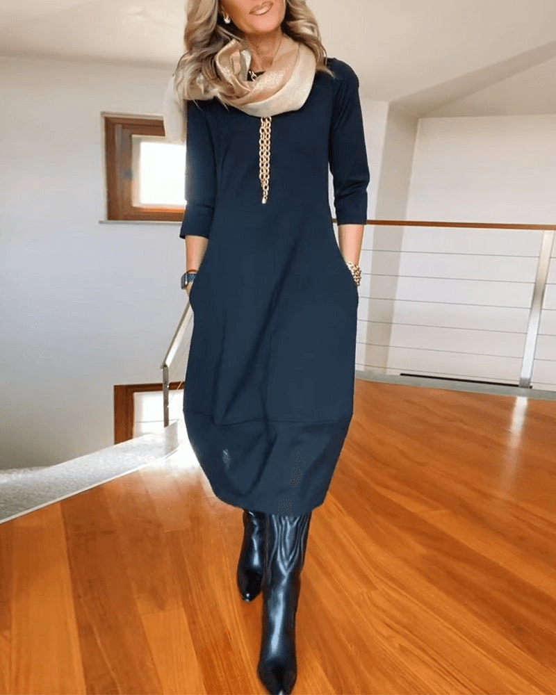 Women's Midi Dress - Three-Quarter Sleeve - Fitted Waist - Minimalist Elegant Style