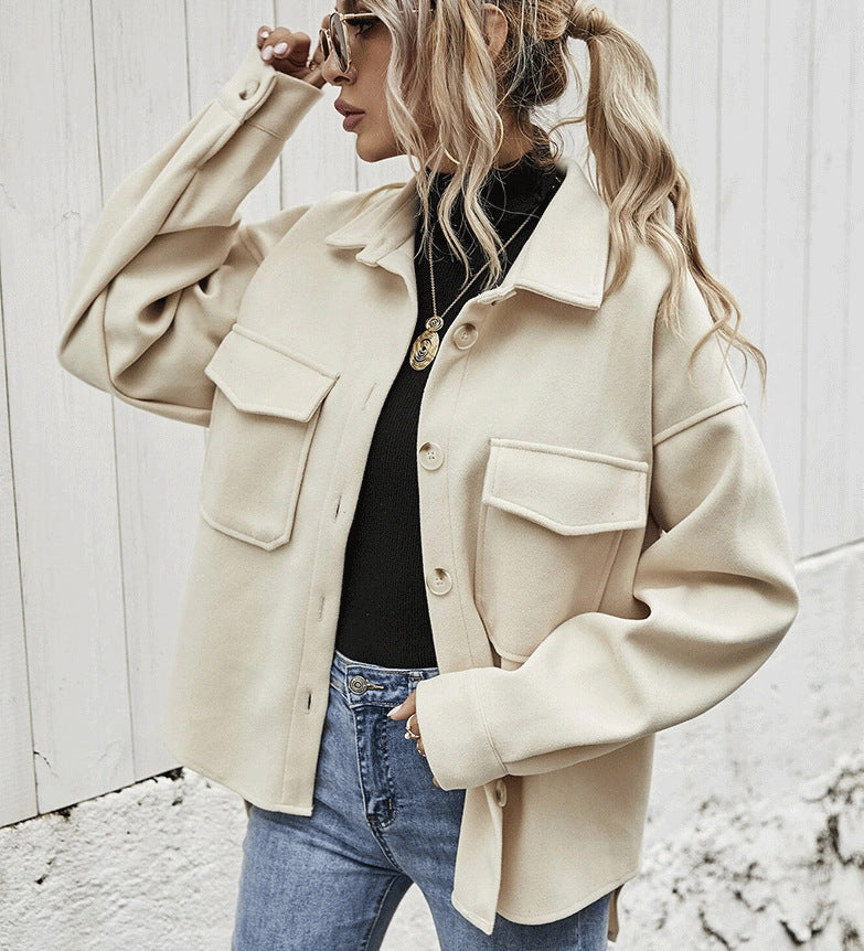 Women’s Oversized Jacket – Wool Blend – Button Front – Boxy Fit – Flap Pockets