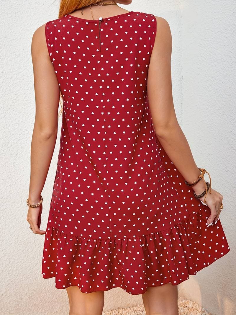 Women's Sleeveless Mini Dress - A-Line Fit - Polka Dot - Ruffled Hem Casual Wear