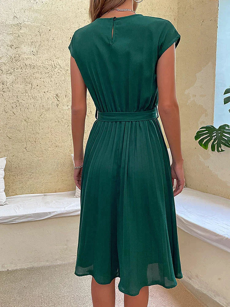 Women's Midi Dress - Pleated Skirt - Tie Waist - Short Sleeves - Round Neck Elegant Fit