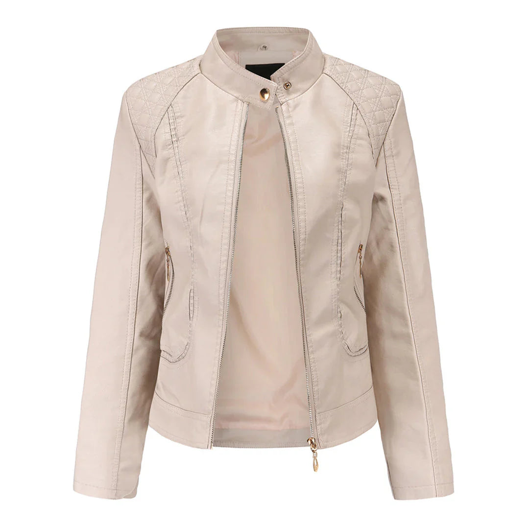 Women’s Leather Jacket – Slim Fit – Quilted Shoulders – Stand Collar – Zippered Pockets