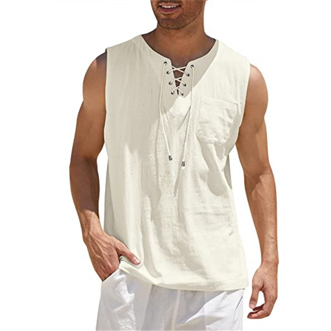 Men’s Sleeveless Shirt – Relaxed Fit – Breathable Blend – Lace-Up Front – Chest Pocket