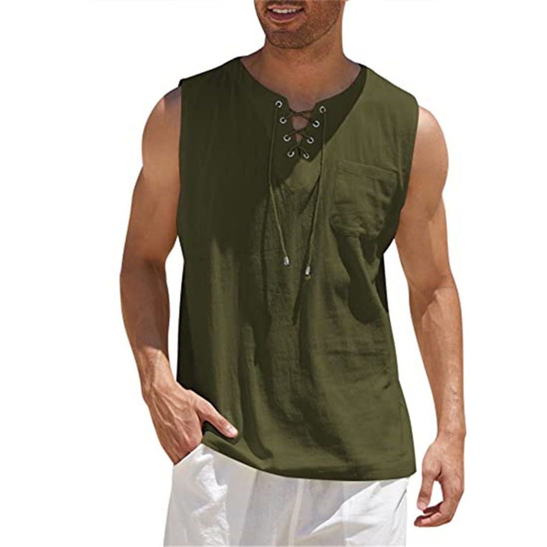 Men’s Sleeveless Shirt – Relaxed Fit – Breathable Blend – Lace-Up Front – Chest Pocket