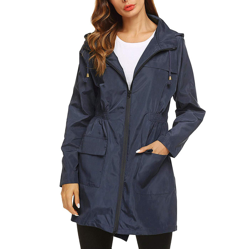 Women’s Raincoat – Water-Resistant – Cinched Waist – Hooded – Lightweight Packable