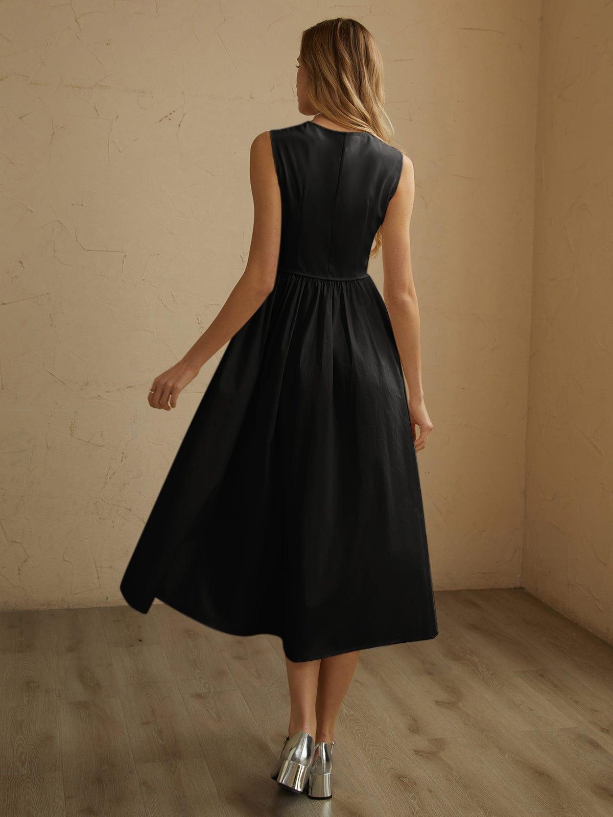 Women's Midi Dress - Sleeveless Fit-and-Flare - Pleated Skirt - Round Neck Elegant Wear