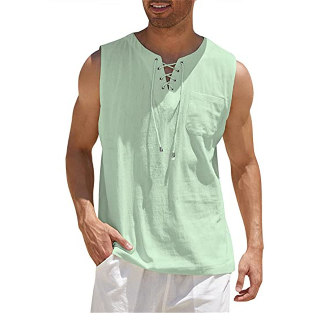 Men’s Sleeveless Shirt – Relaxed Fit – Breathable Blend – Lace-Up Front – Chest Pocket