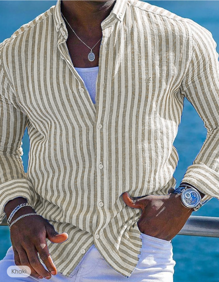 Men’s Button-Up Shirt - Long Sleeve - Striped - Lightweight Collared Casual Wear