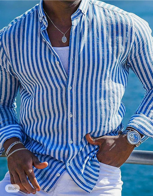 Men’s Button-Up Shirt - Long Sleeve - Striped - Lightweight Collared Casual Wear