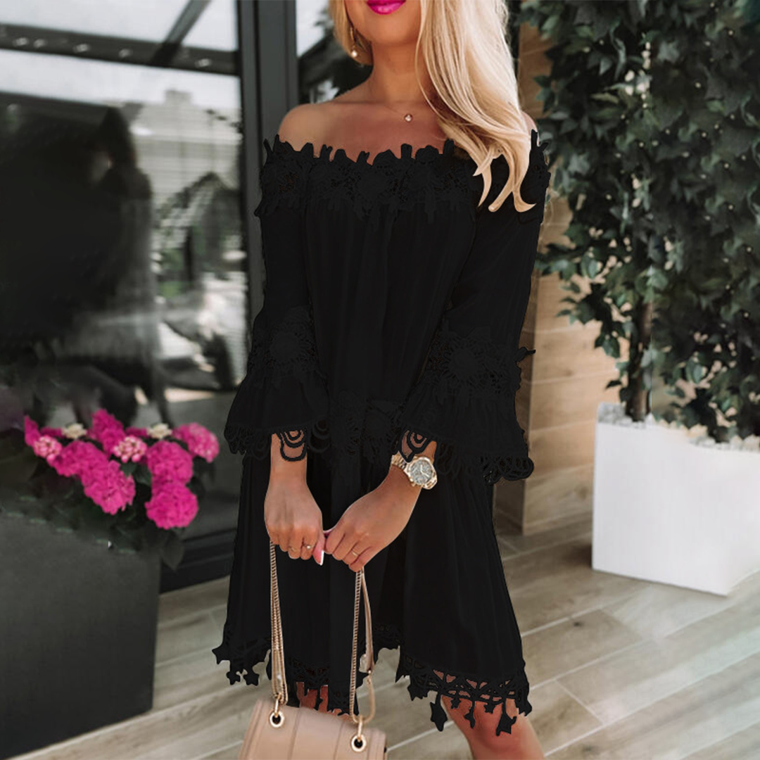 Women's Off-Shoulder Dress - Lace Trim - A-Line - 3/4 Sleeve Lightweight Flowy Fit