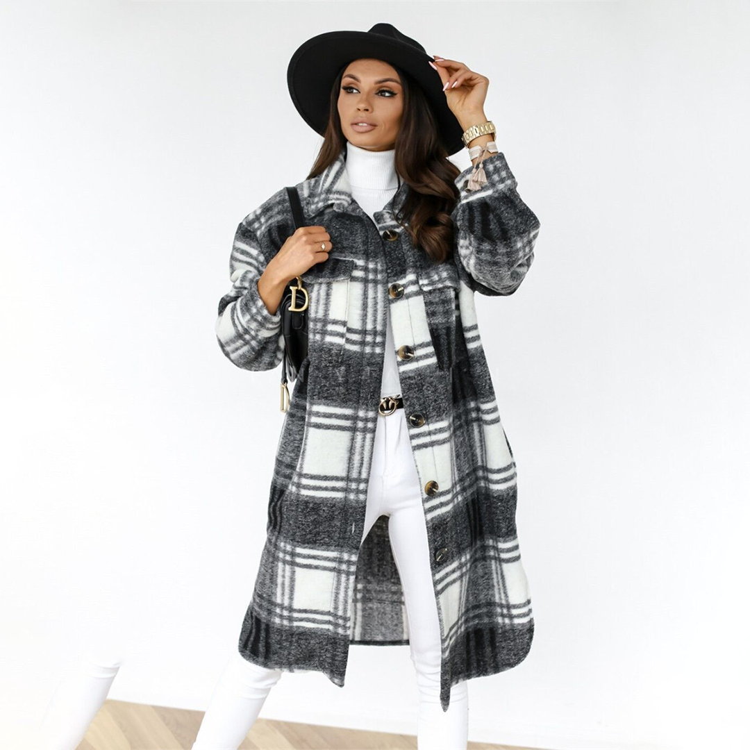 Women’s Long Coat – Wool Blend – Oversized Fit – Checkered – Button Front – Flap Pockets