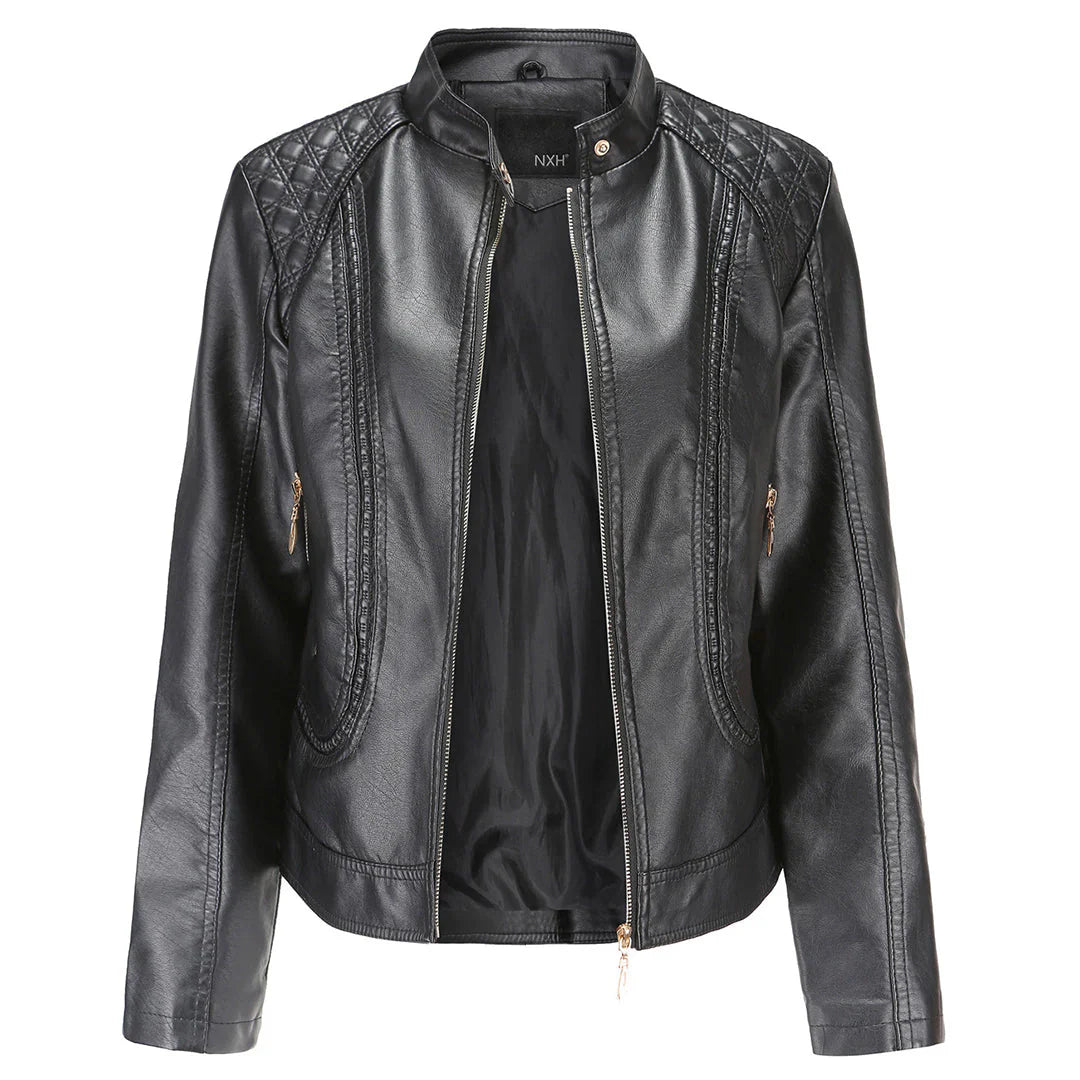 Women’s Leather Jacket – Slim Fit – Quilted Shoulders – Stand Collar – Zippered Pockets