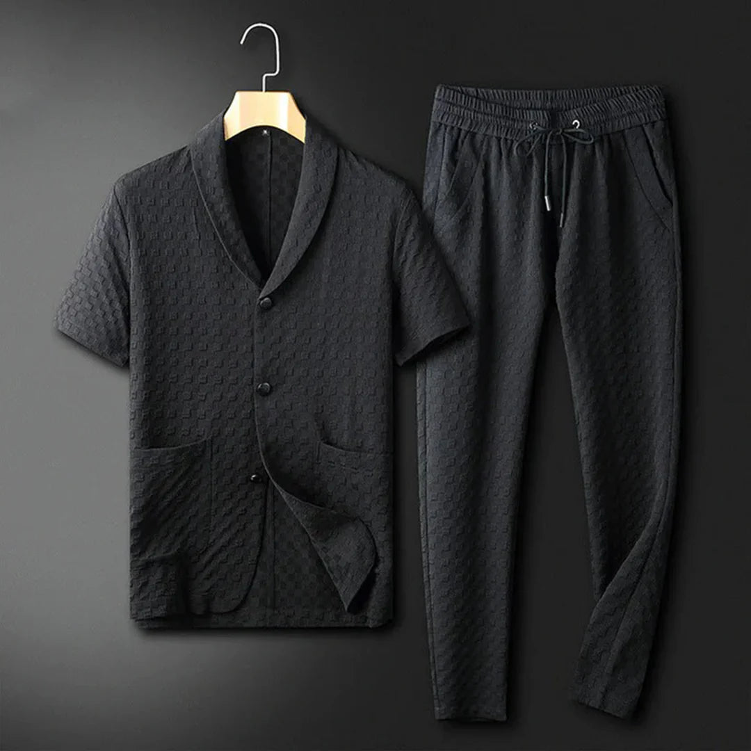Men’s Lounge Set – Relaxed Fit – Breathable Blend – Button Shirt with Drawstring Pants