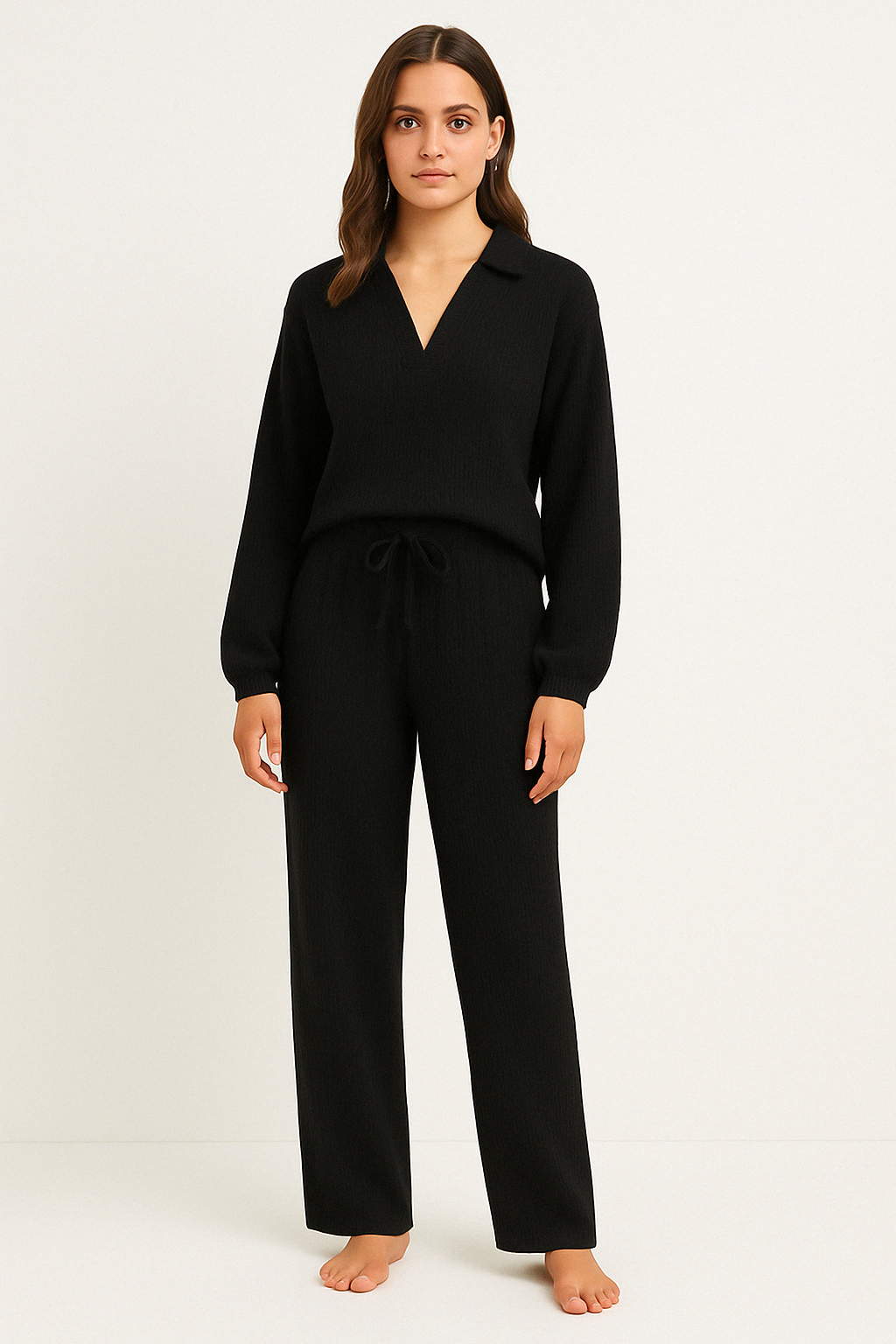 Women’s Lounge Set – Relaxed Fit – Long Sleeve V-Neck Top – Drawstring Pants