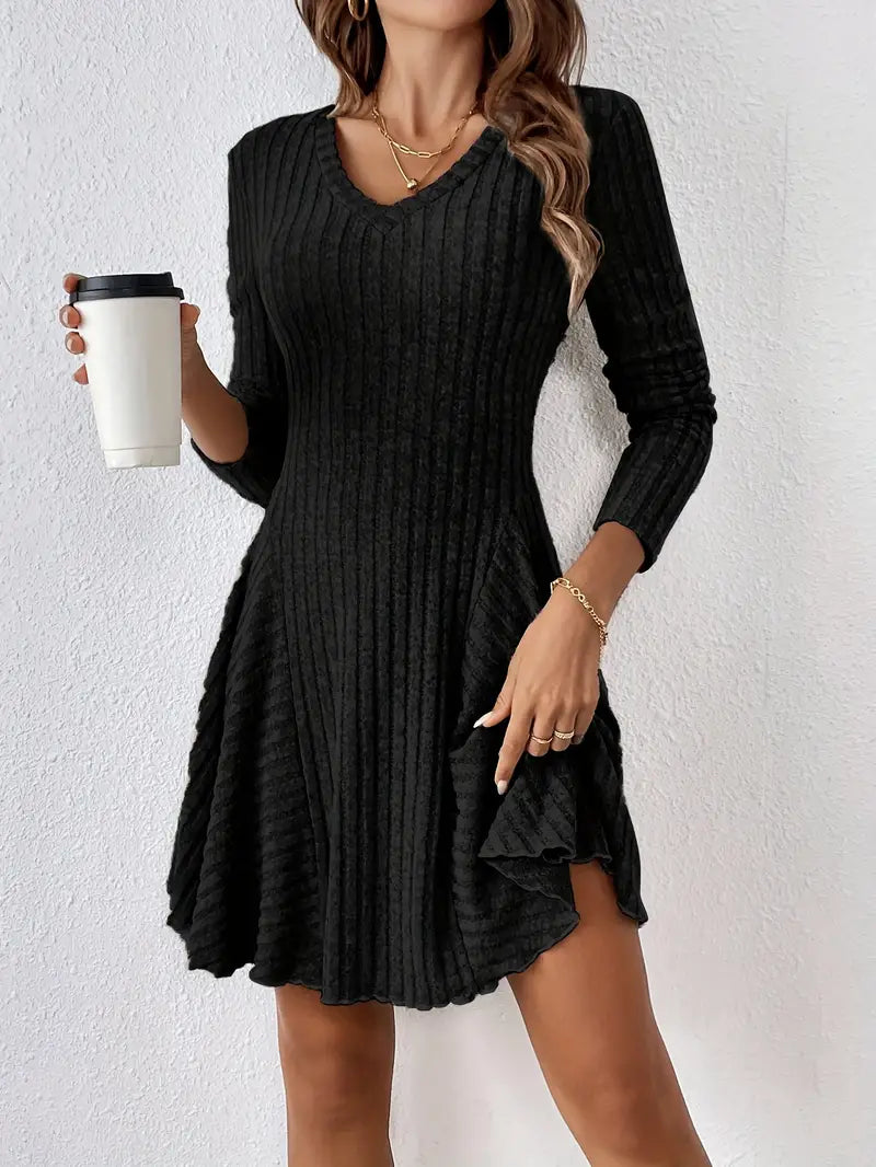Women's Ribbed V-Neck Dress - Long Sleeve - Fitted Bodice - A-Line Knee Length