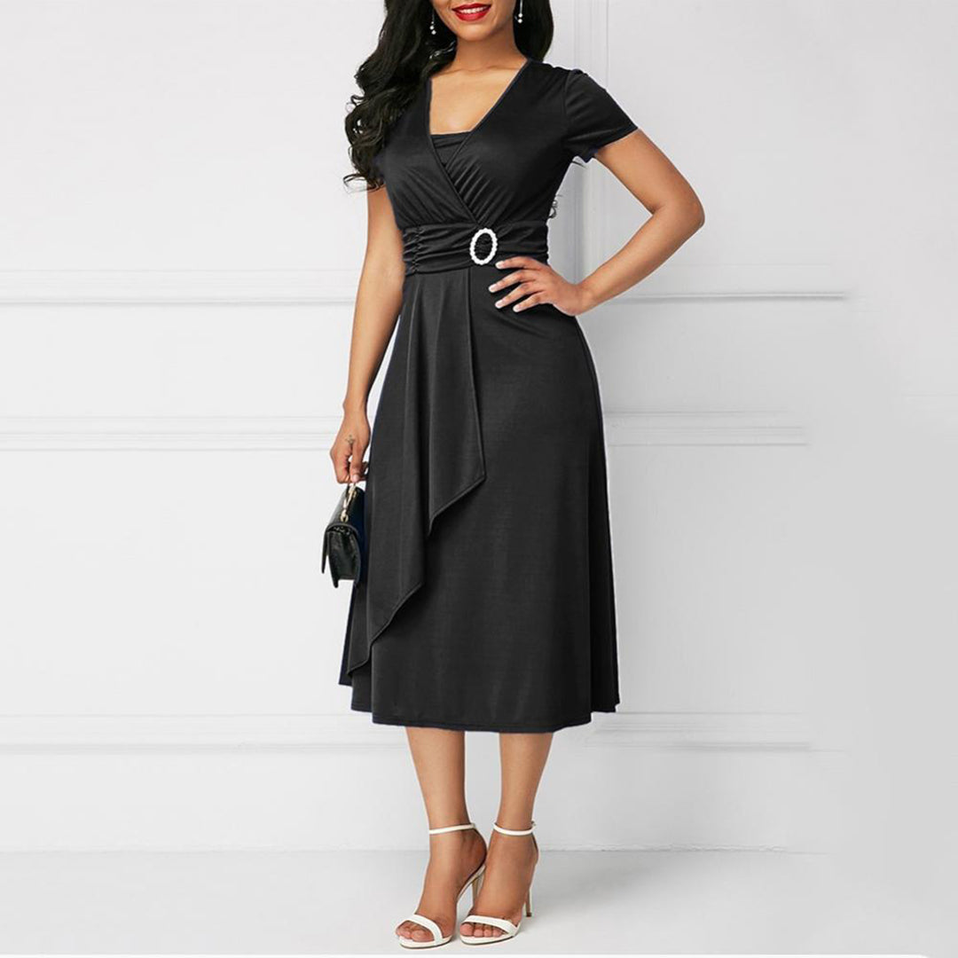 Women's Midi Dress - Wrap V-Neck - Short Sleeve A-Line - Belted Waist Elegant Fit