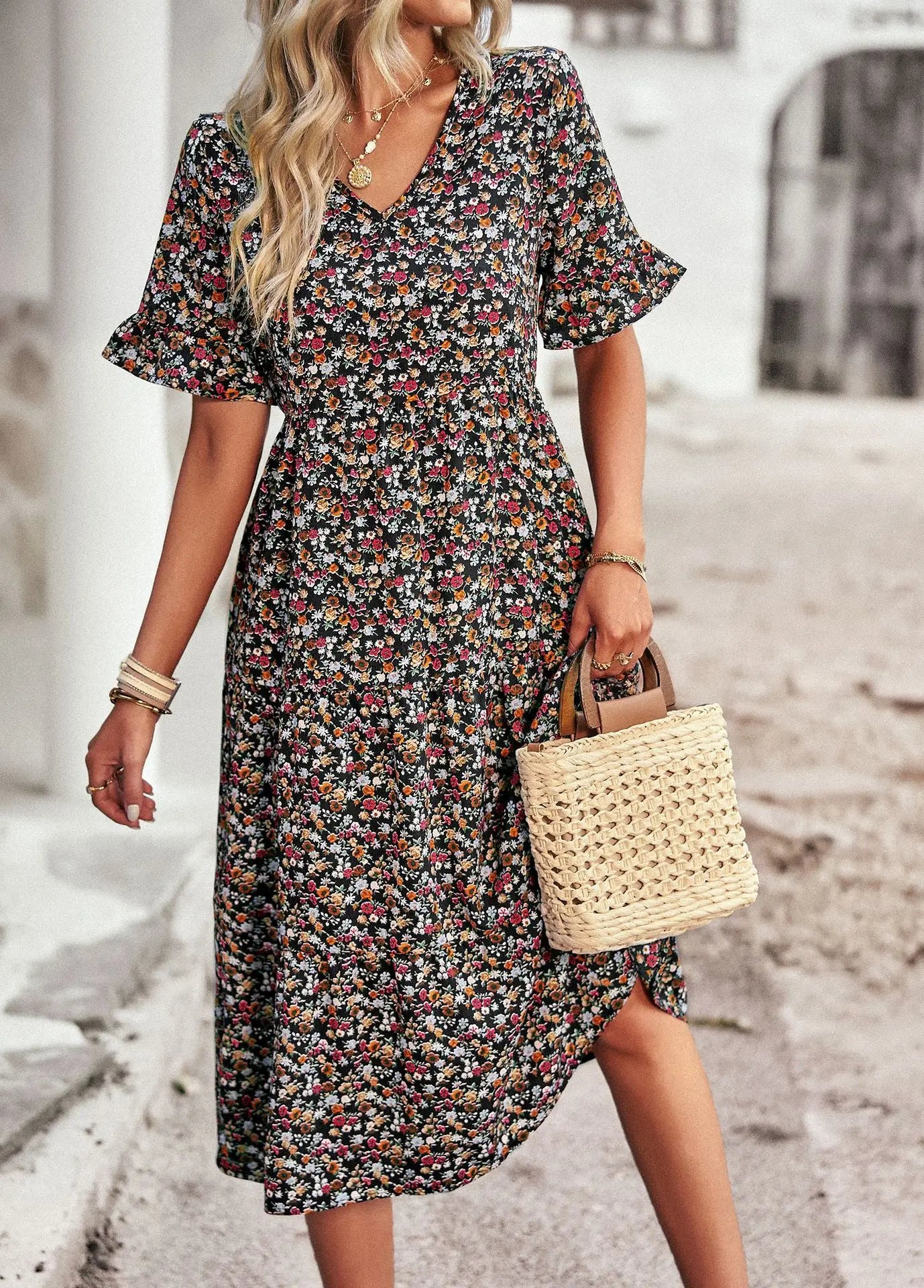 Women's Midi Dress - Floral Print - V-Neck - Short Ruffle Sleeves - Flowing Fit