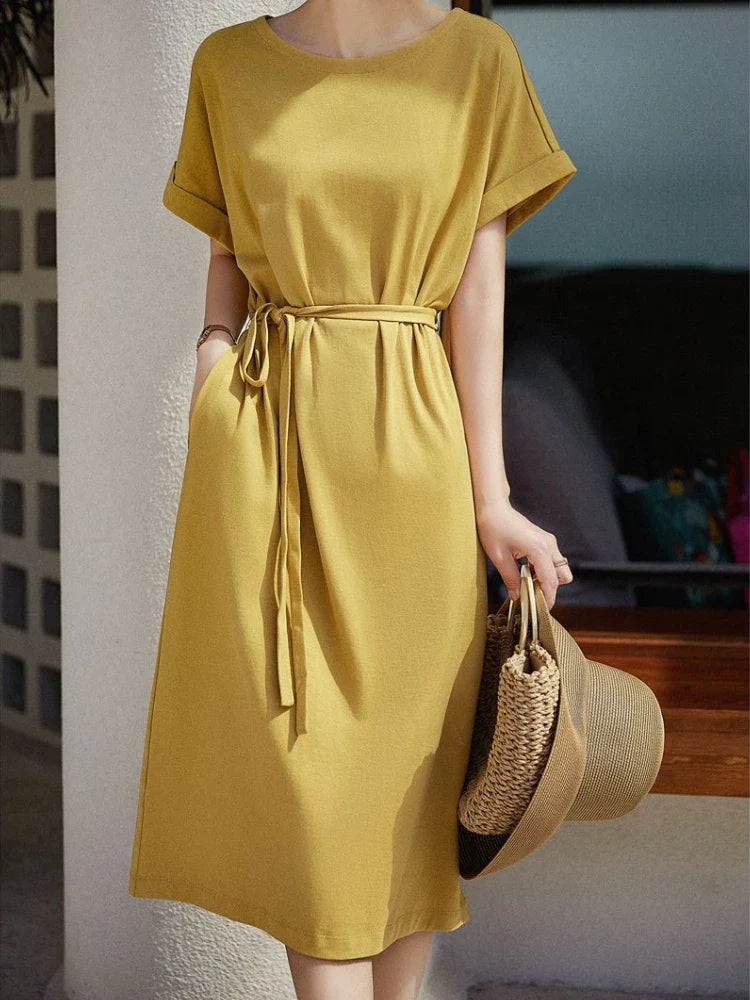 Women’s Short Dress - Belted Waist - Round Neck - Dolman Sleeves - Relaxed Fit