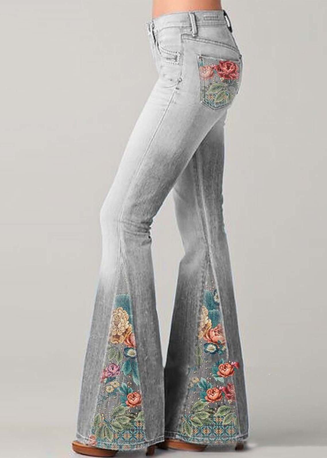 Women’s Flare Jeans – High Waist – Floral Patchwork – Retro Bohemian Style – Full Length