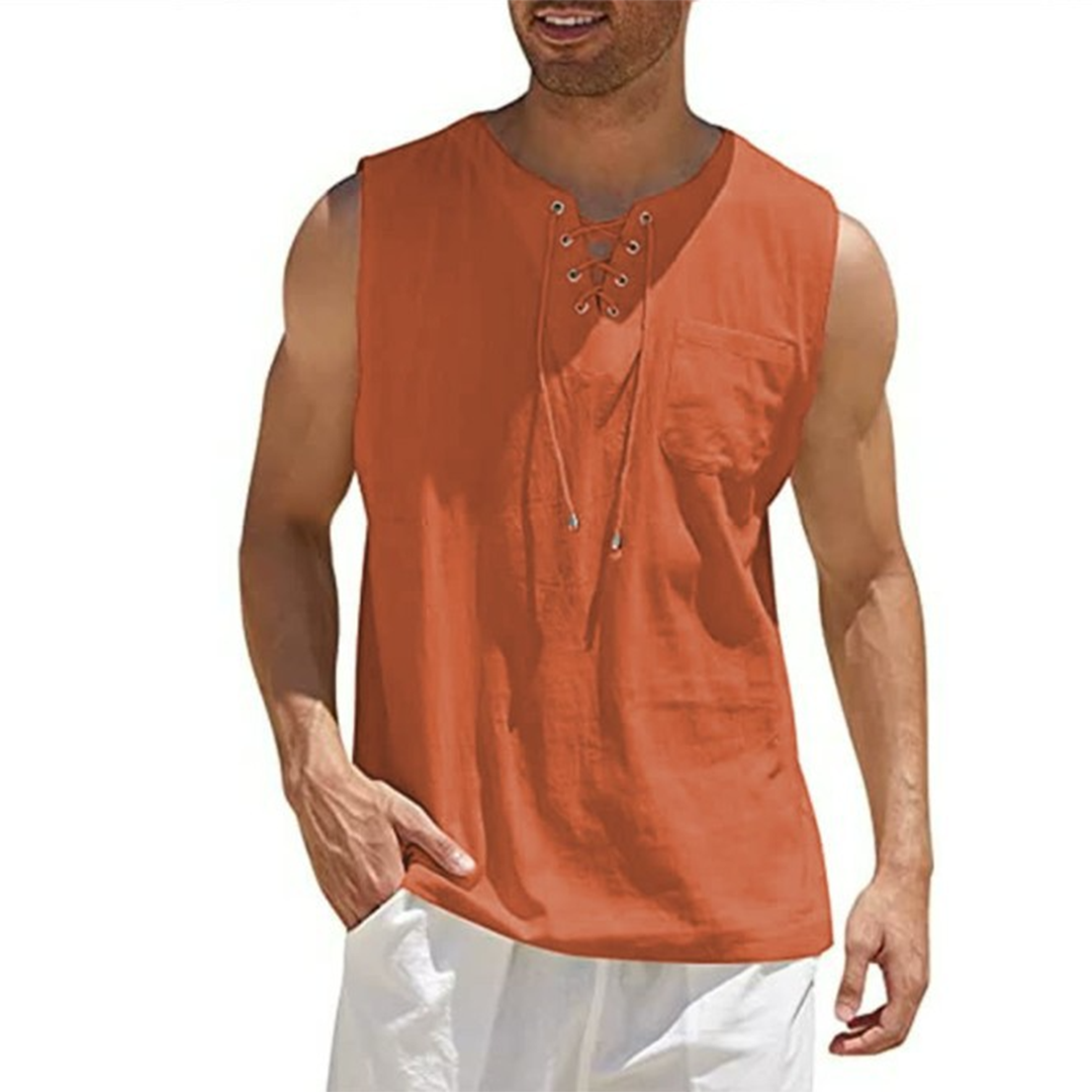 Men’s Sleeveless Shirt – Relaxed Fit – Breathable Blend – Lace-Up Front – Chest Pocket