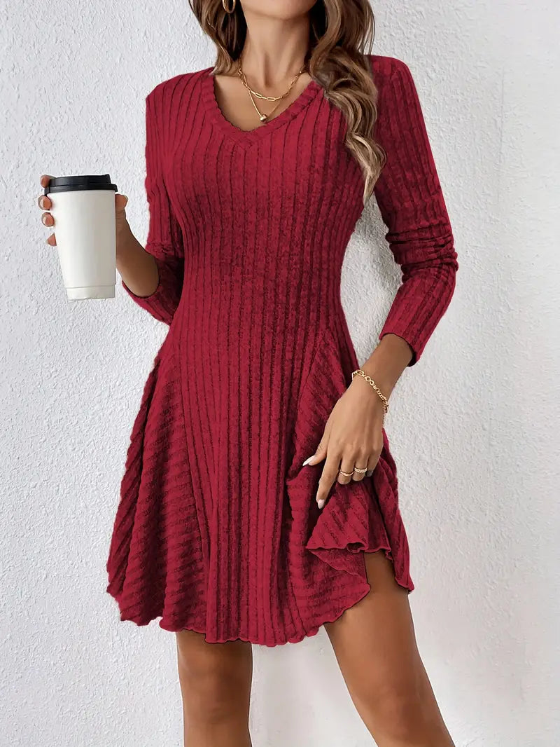 Women's Ribbed V-Neck Dress - Long Sleeve - Fitted Bodice - A-Line Knee Length