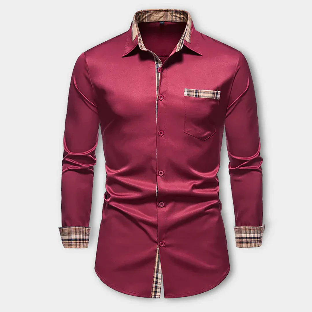Men’s Long Sleeve Shirt – Slim Fit – Breathable Fabric – Contrast Plaid Detail
