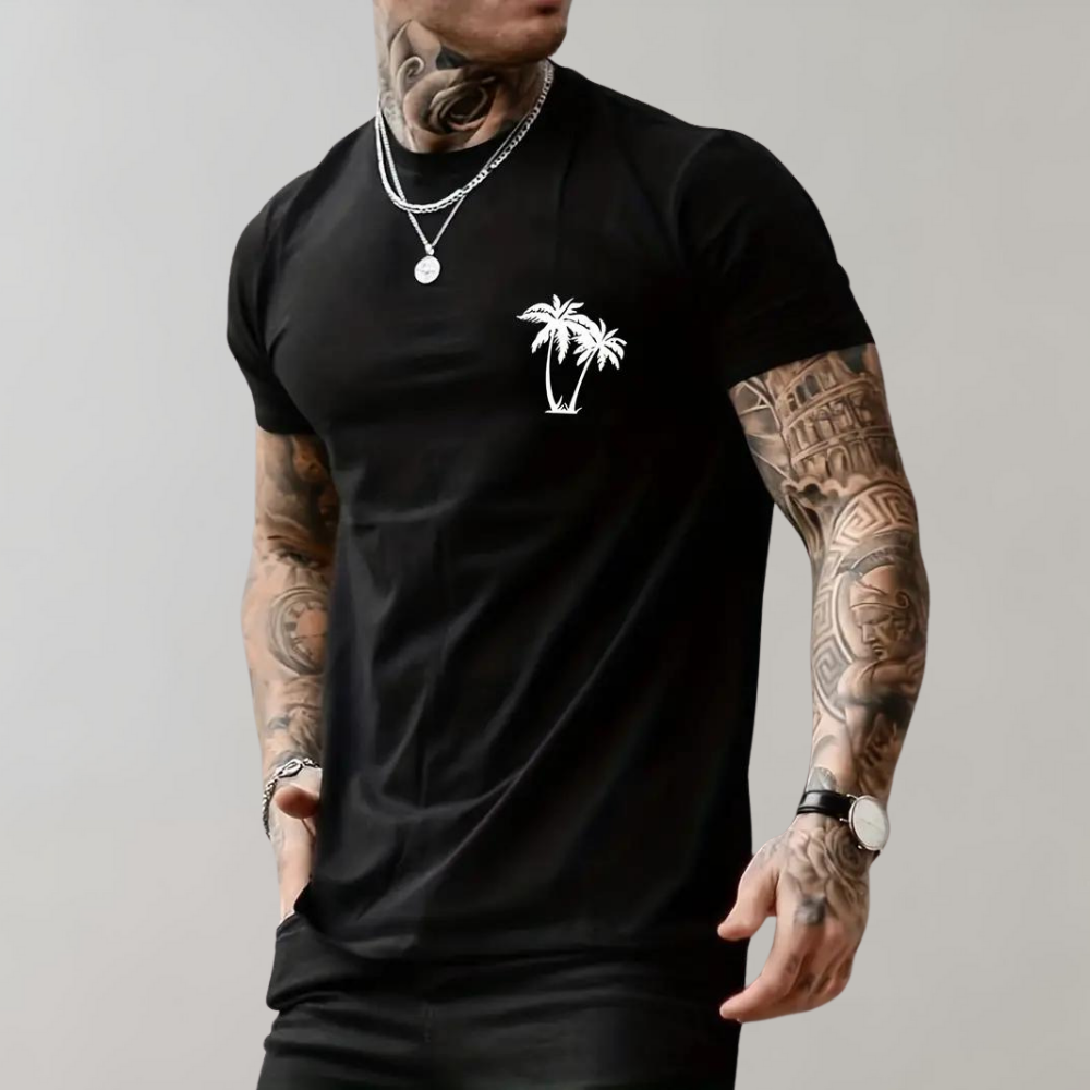 Men’s T-Shirt – Relaxed Fit – Short Sleeve – Palm Tree Graphic – Breathable Blend