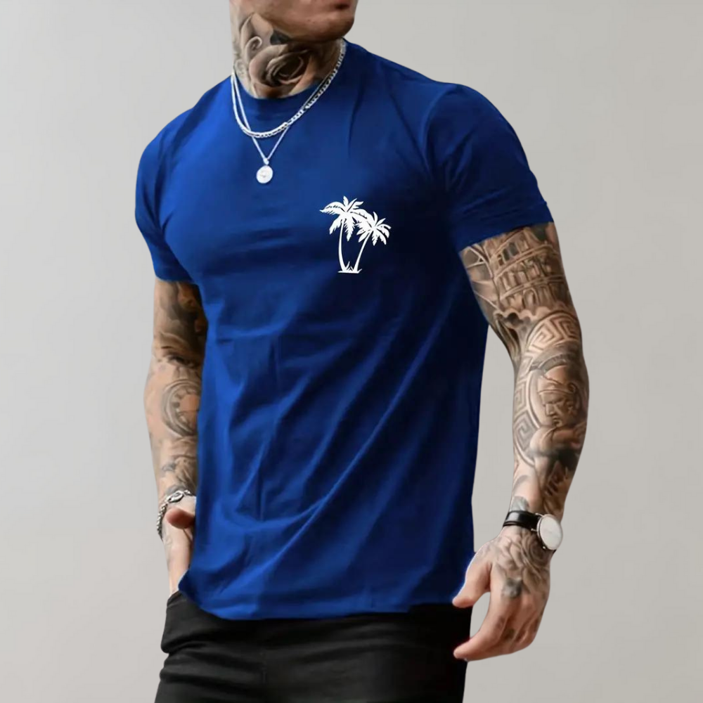 Men’s T-Shirt – Relaxed Fit – Short Sleeve – Palm Tree Graphic – Breathable Blend