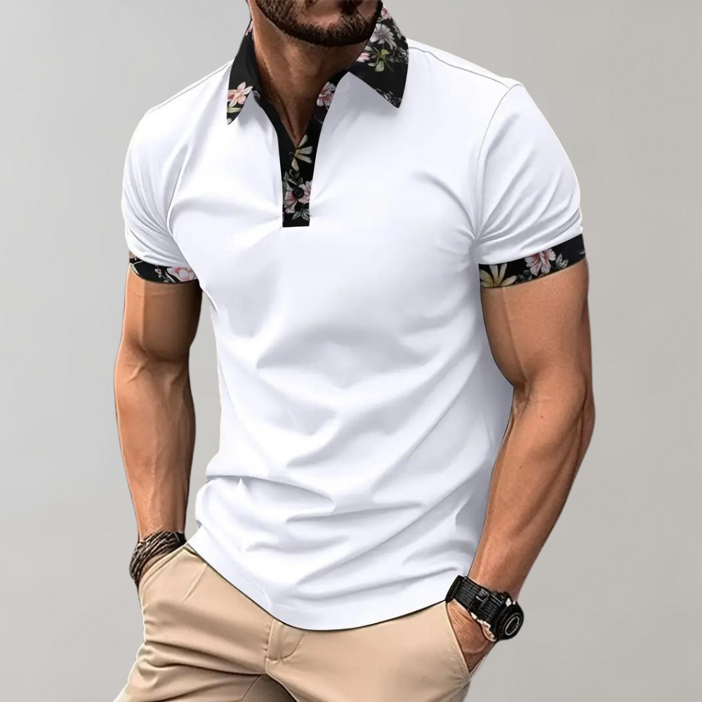 Men’s Polo Shirt – Slim Fit – Breathable Blend – Floral Trim – Short Sleeve Casual Wear