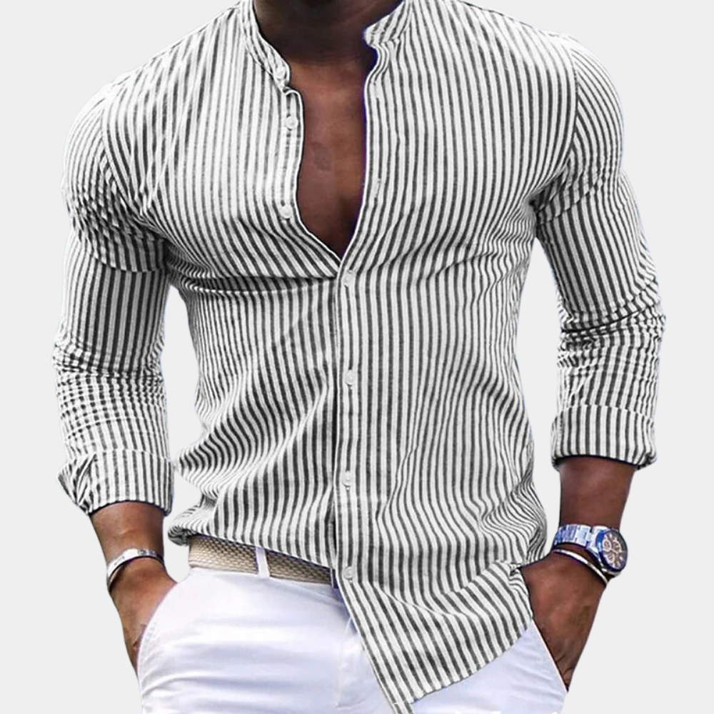 Men’s Long Sleeve Shirt – Slim Fit – Vertical Stripe – Band Collar – Breathable Blend