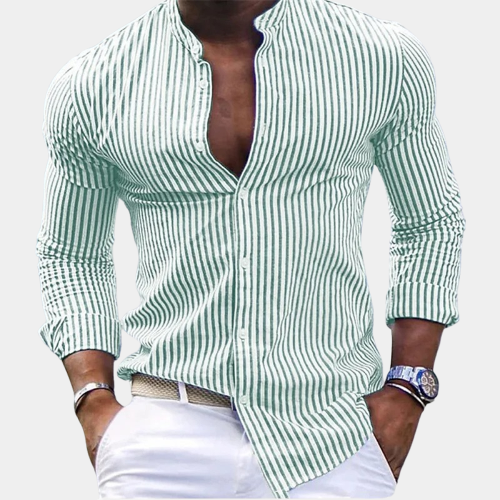 Men’s Long Sleeve Shirt – Slim Fit – Vertical Stripe – Band Collar – Breathable Blend
