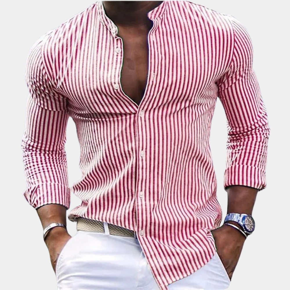 Men’s Long Sleeve Shirt – Slim Fit – Vertical Stripe – Band Collar – Breathable Blend