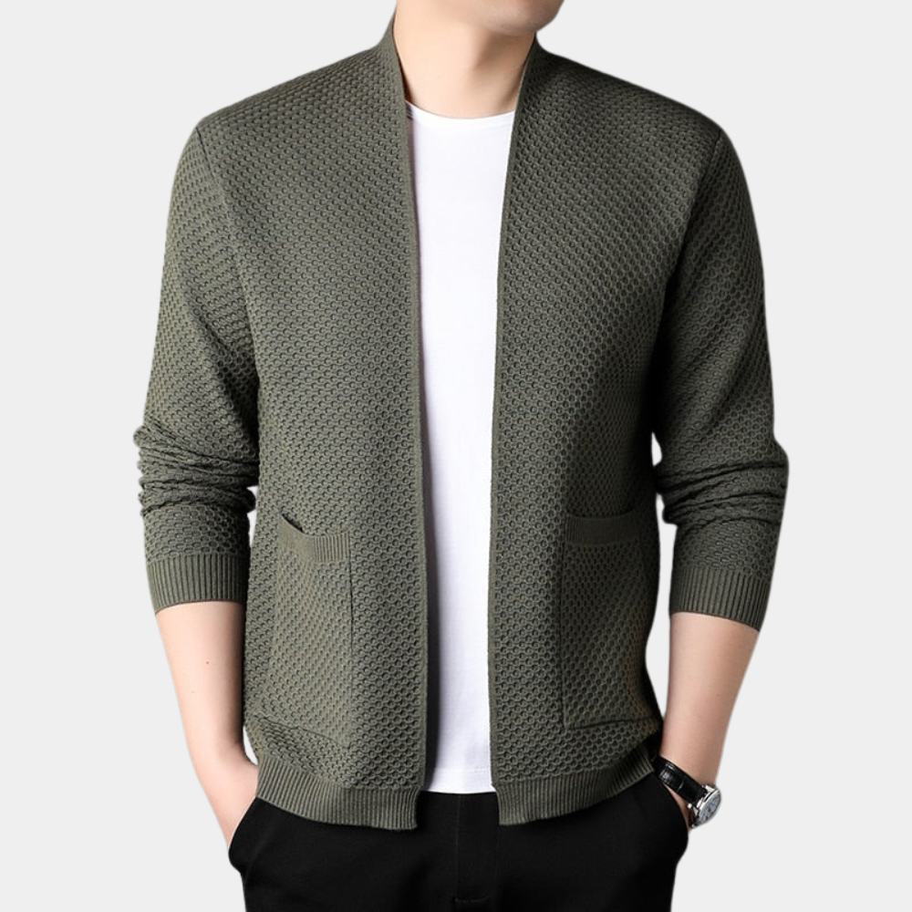 Men’s Blazer – Slim Fit Knit – Ribbed Trim – Open Front Smart Casual Style