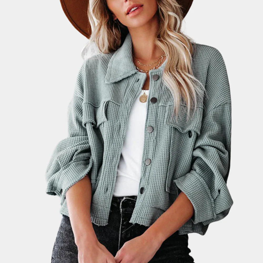 Women’s Cropped Jacket – Waffle Knit – Oversized Boxy Fit – Button Front – Flap Pockets