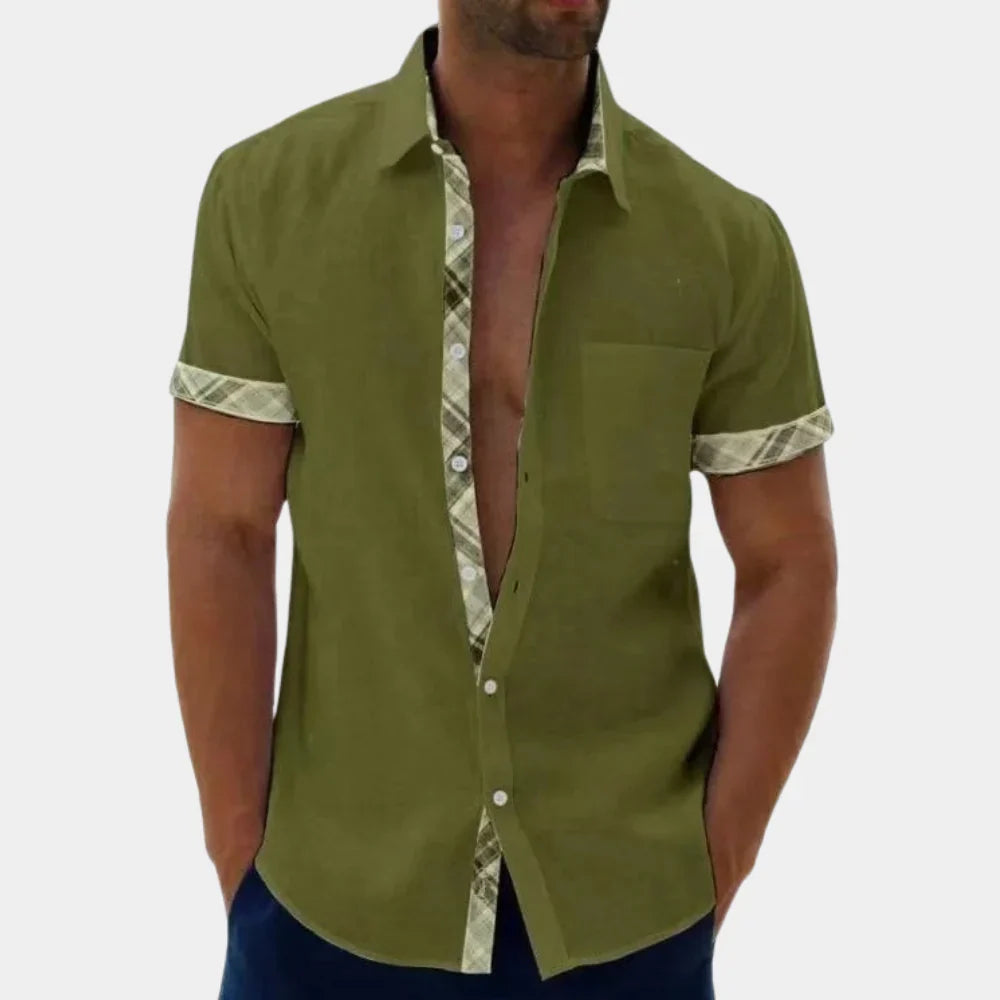 Men’s Short Sleeve Shirt – Relaxed Fit – Breathable Blend – Button-Up with Trim Detail