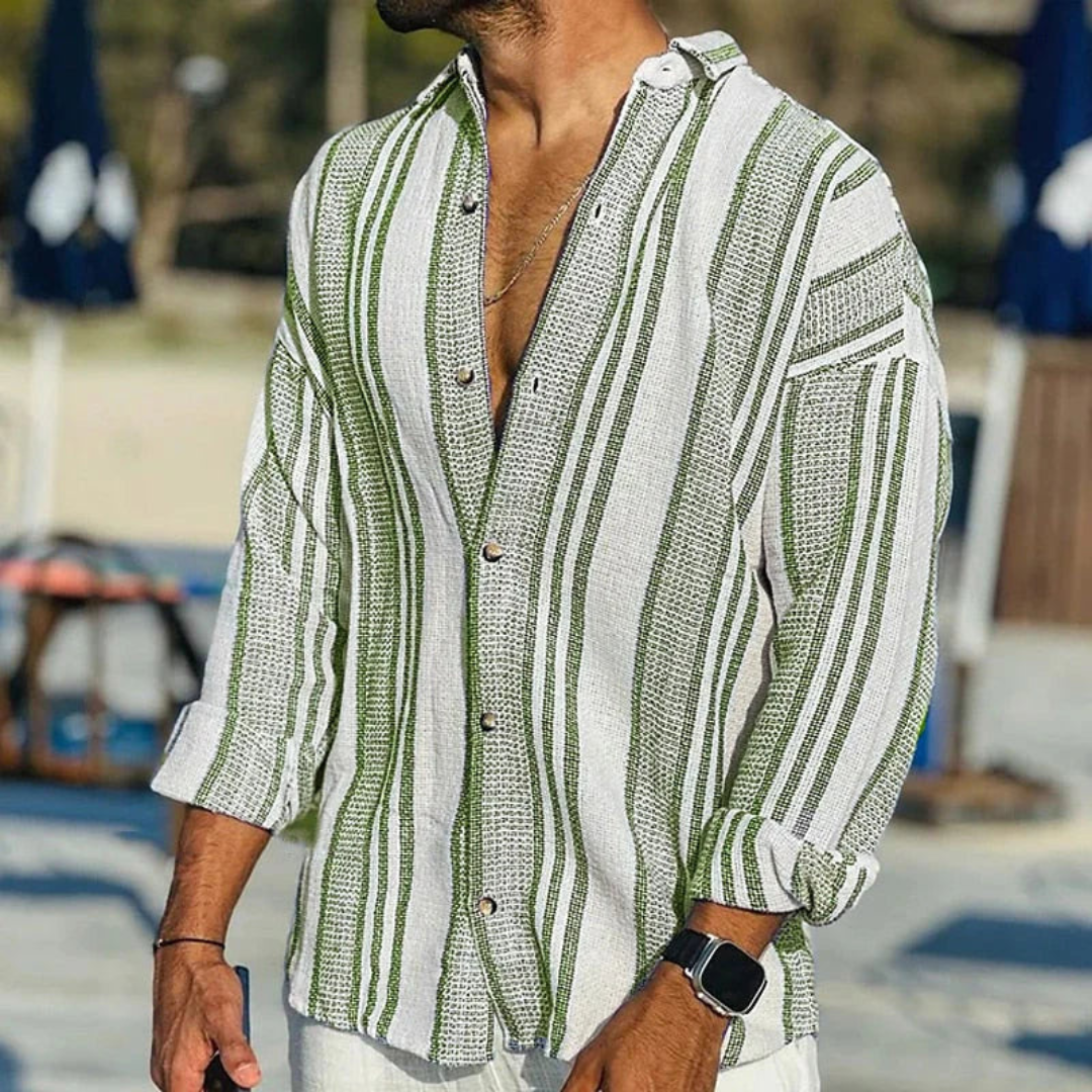 Men’s Casual Shirt – Relaxed Fit – Long Sleeve – Button-Up – Breathable Blend – Striped