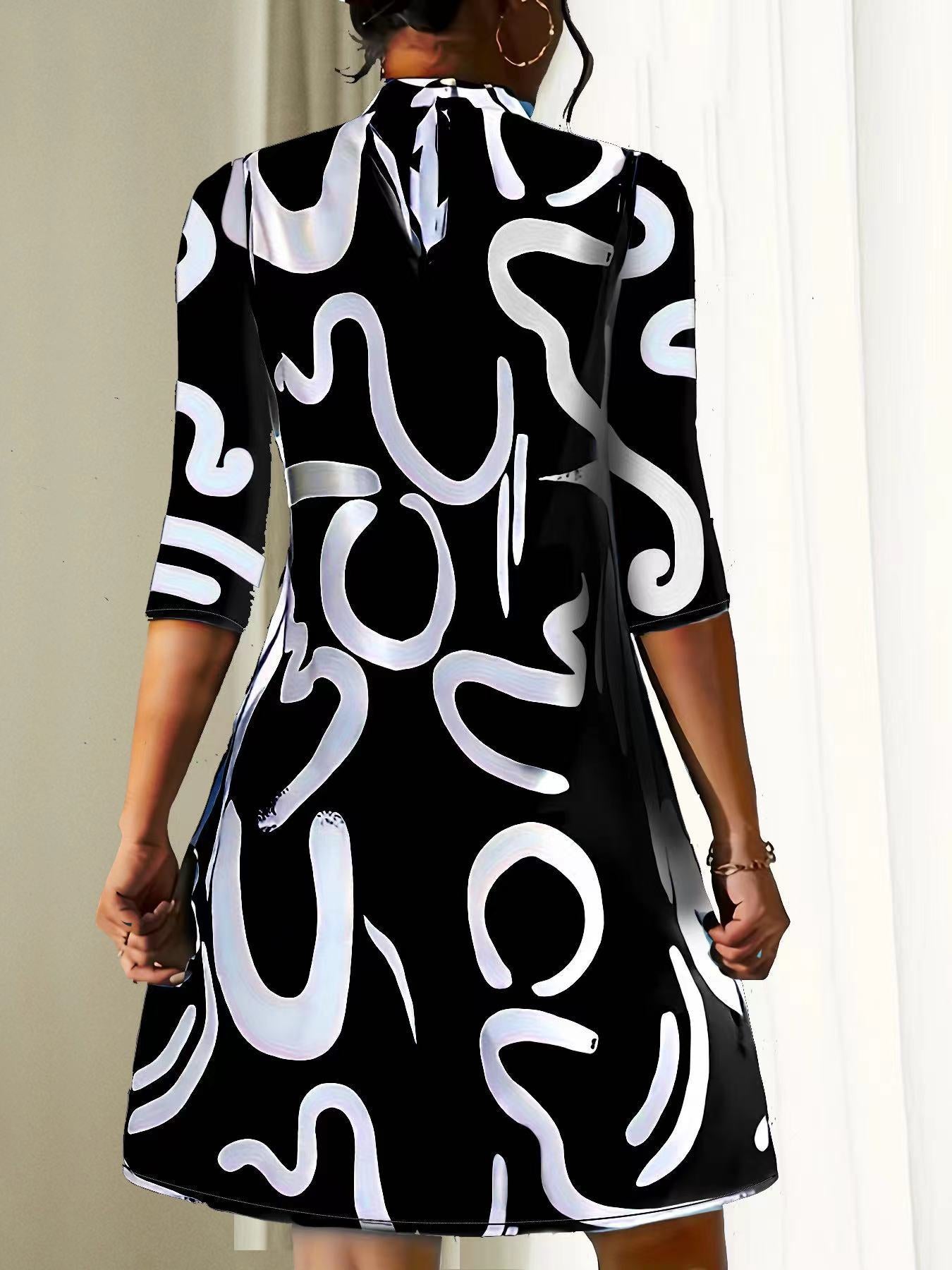 Women’s Mini Dress - Knit - Relaxed A-Line - Mock Neck - Three-Quarter Sleeve - Abstract Print