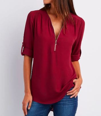 Women’s Blouse – Relaxed Fit – V-Neck Zip – Roll-Tab Sleeves – Soft Drape