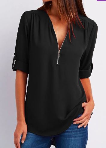Women’s Blouse – Relaxed Fit – V-Neck Zip – Roll-Tab Sleeves – Soft Drape