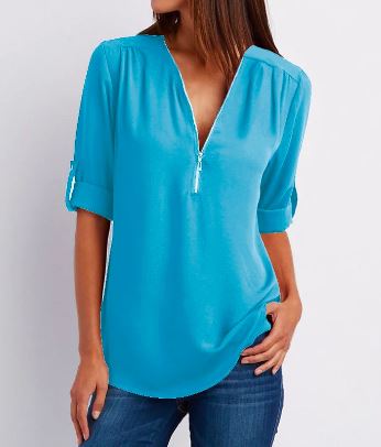 Women’s Blouse – Relaxed Fit – V-Neck Zip – Roll-Tab Sleeves – Soft Drape
