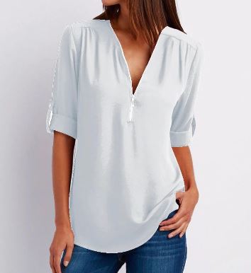 Women’s Blouse – Relaxed Fit – V-Neck Zip – Roll-Tab Sleeves – Soft Drape