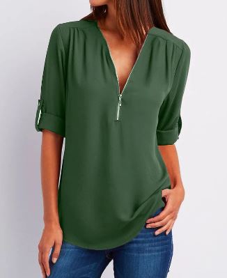 Women’s Blouse – Relaxed Fit – V-Neck Zip – Roll-Tab Sleeves – Soft Drape
