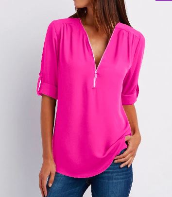 Women’s Blouse – Relaxed Fit – V-Neck Zip – Roll-Tab Sleeves – Soft Drape