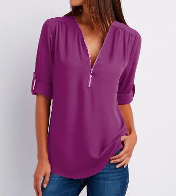Women’s Blouse – Relaxed Fit – V-Neck Zip – Roll-Tab Sleeves – Soft Drape