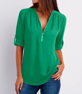 Women’s Blouse – Relaxed Fit – V-Neck Zip – Roll-Tab Sleeves – Soft Drape