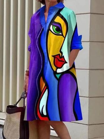 Women's Shirt Dress - Baroque Print - Relaxed Fit - Knee-Length - Mid Sleeve - Button-Down