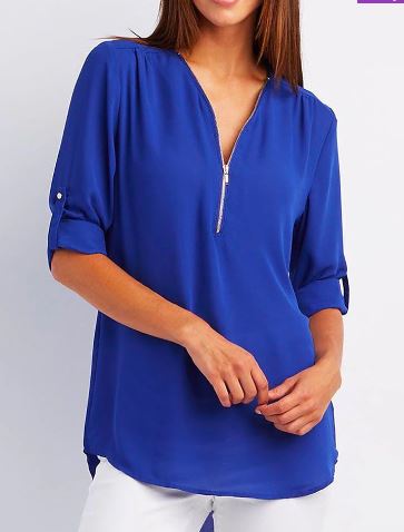 Women’s Blouse – Relaxed Fit – V-Neck Zip – Roll-Tab Sleeves – Soft Drape