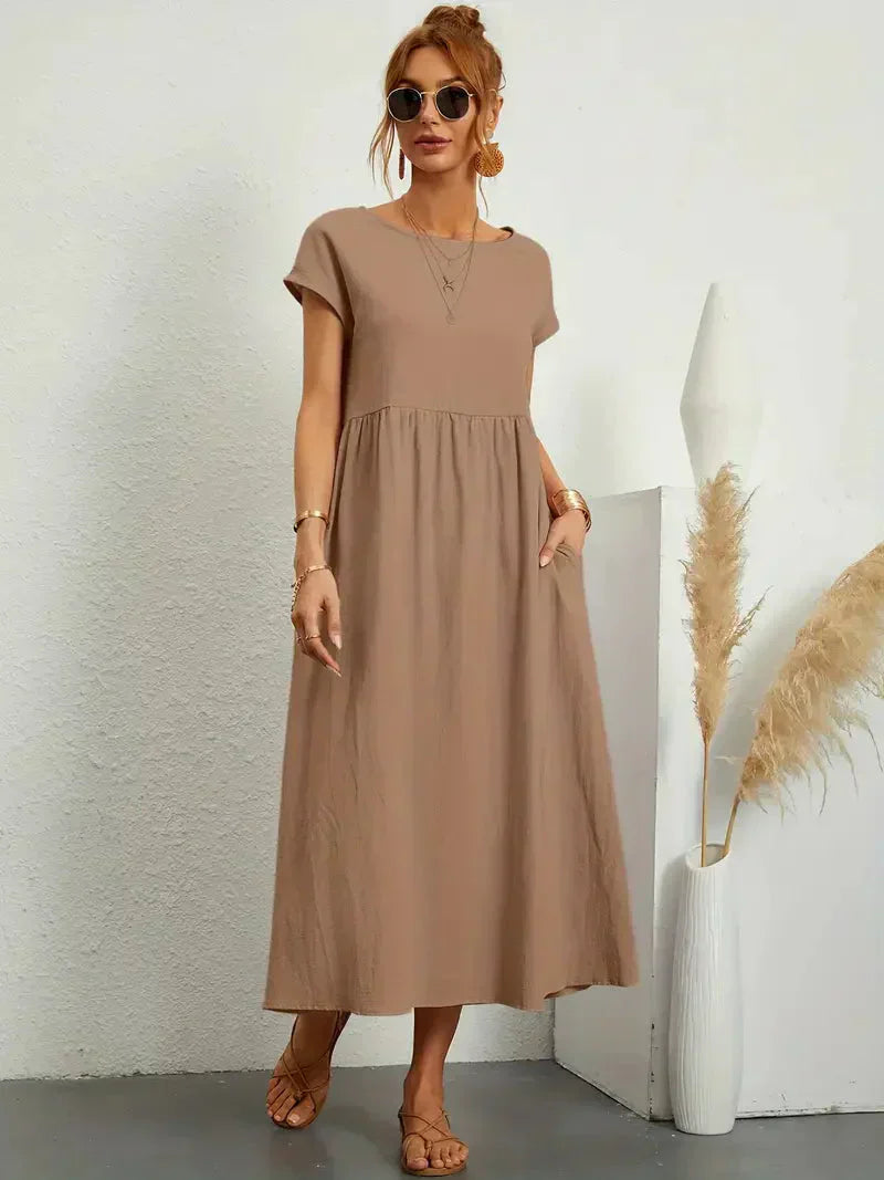Women’s Long Dress – Relaxed Fit – Short Sleeve – Gathered Waist – Breathable Blend