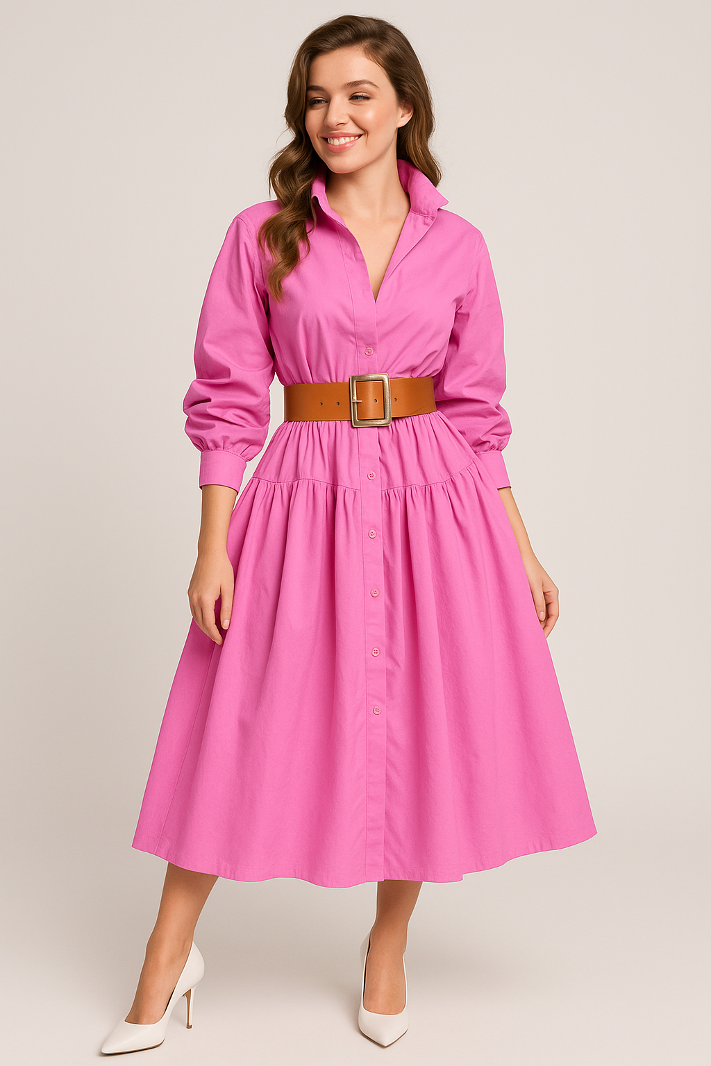 Women’s Shirt Dress – Flared A-Line Fit – Belted Waist – Puff Sleeves – Cotton Blend