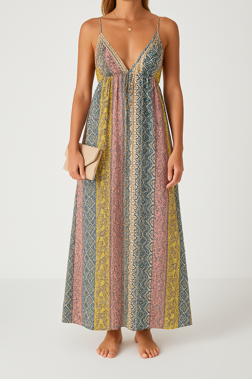 Women’s Maxi Dress – Lightweight Cotton Blend – Open Back – Flowy Fit – V-Neck Strap