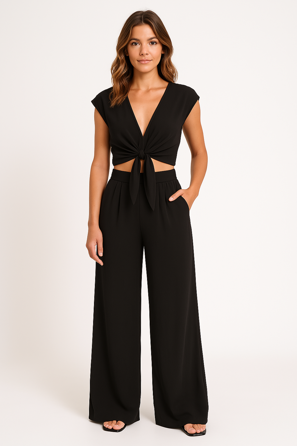 Women’s Two-Piece Set – V-Neck Tie-Front Cropped Top – High-Waist Wide-Leg Pants with Pockets